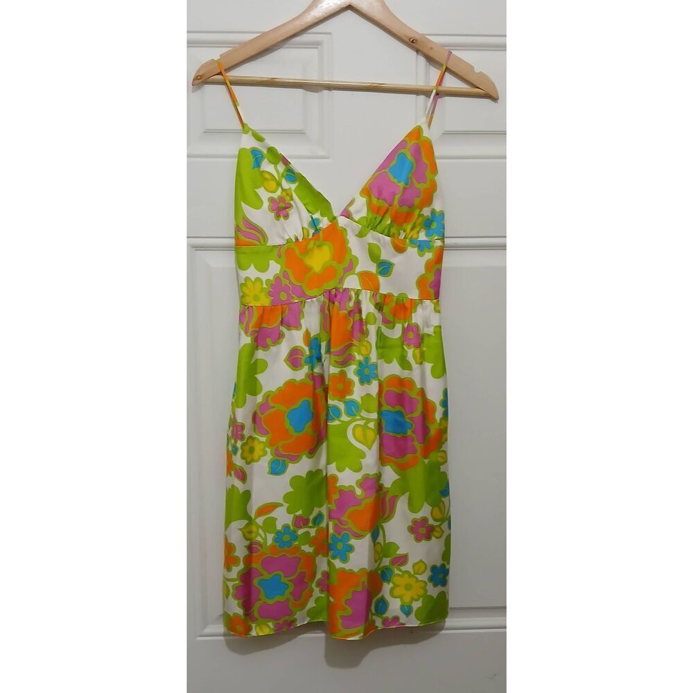 Milly new york size 0 women 100% silk floral green orange babydoll dress Pockets - Picture 1 of 8